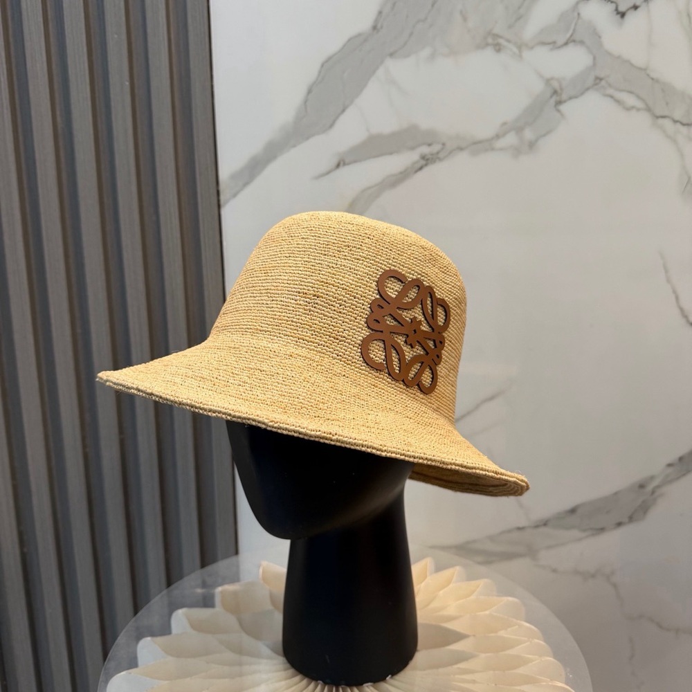 Loewe Beige Straw Bucket Hat with Brown Logo Patch